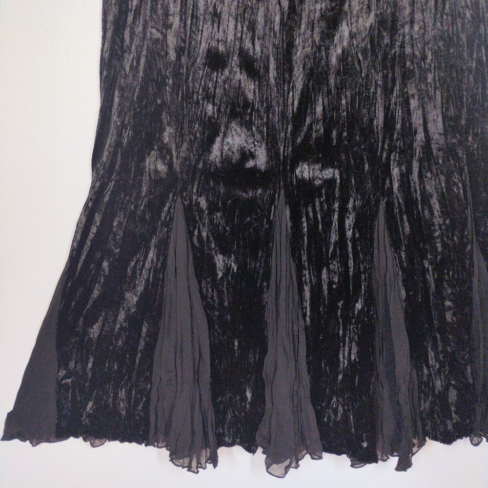 Y2K Crushed Velvet Burnout Midi Skirt Sz L Black Tulip Flared Godet Goth Witchy - Picture 3 of 9